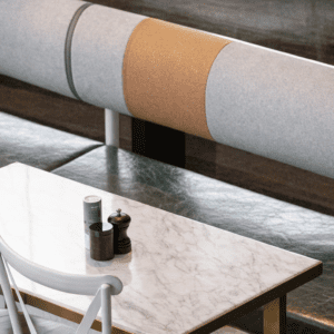 Atlas Booth commercial banquette seating with upholstered backrest and timber base for hospitality interiors