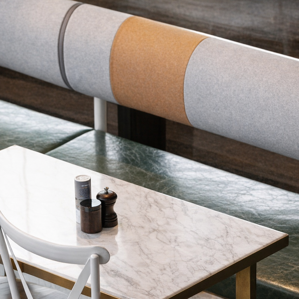 Atlas Booth commercial banquette seating with upholstered backrest and timber base for hospitality interiors