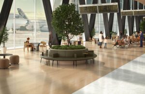 Altitude circular modular lounge seating around planter in airport terminal