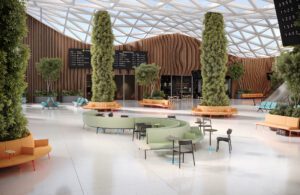 Curved modular airport seating layout by Hospitality Furniture Concepts