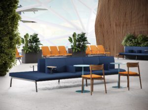 Altitude modular lounge seating with integrated side tables for public spaces