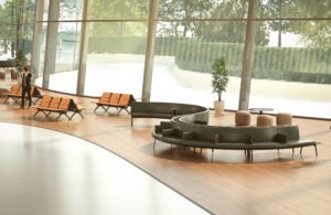 S-shaped modular airport lounge seating configuration by Hospitality Furniture Concepts