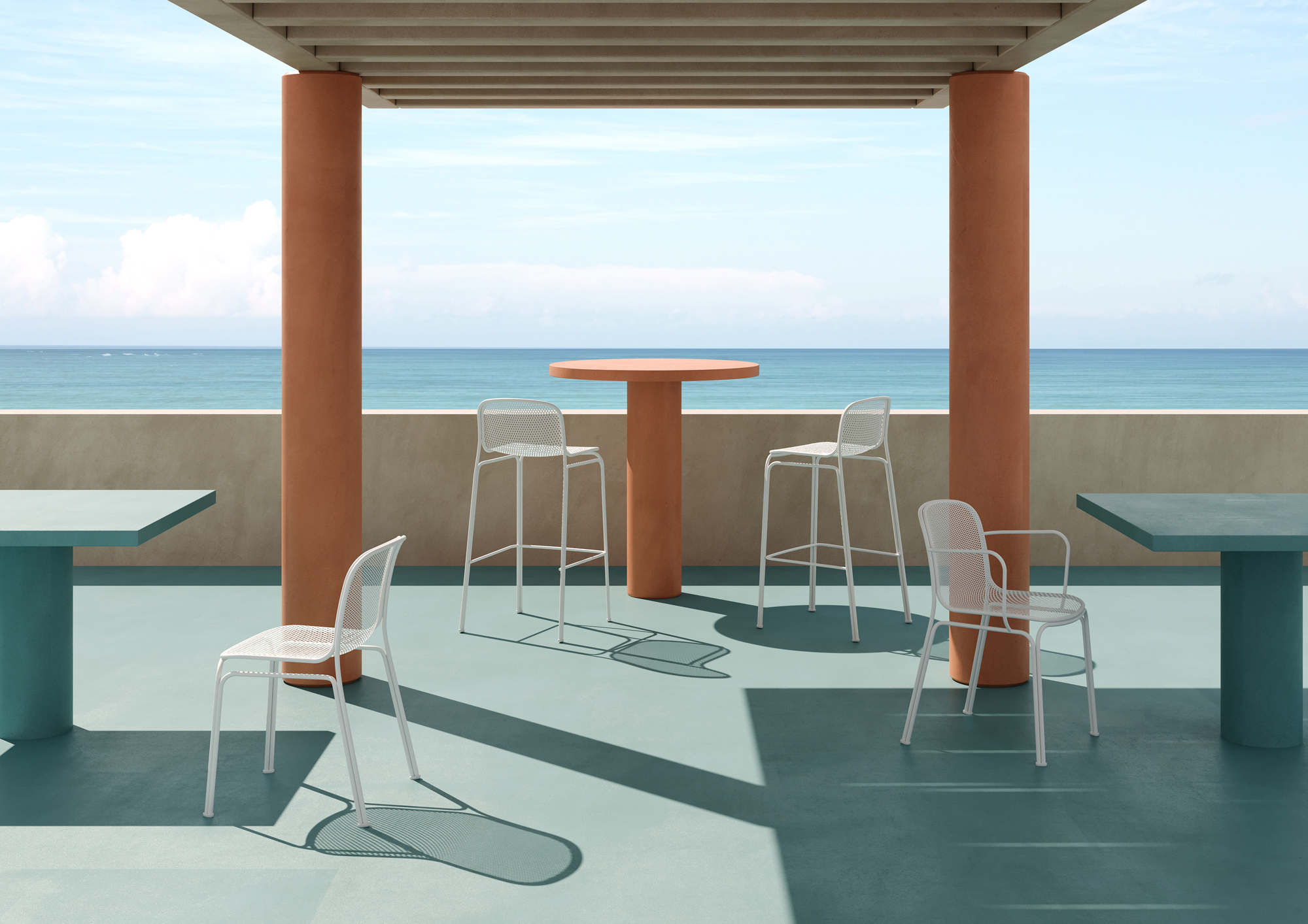 Colos outdoor dining chairs and tables in a hospitality terrace setting