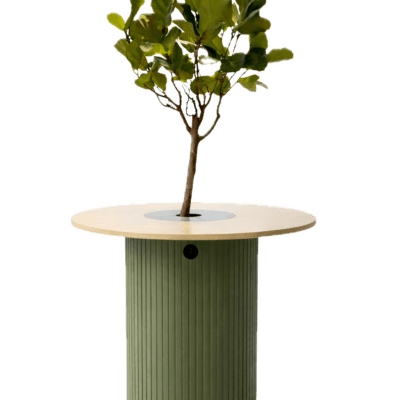 LeafHub integrated planter meeting table with ribbed green base and round timber top