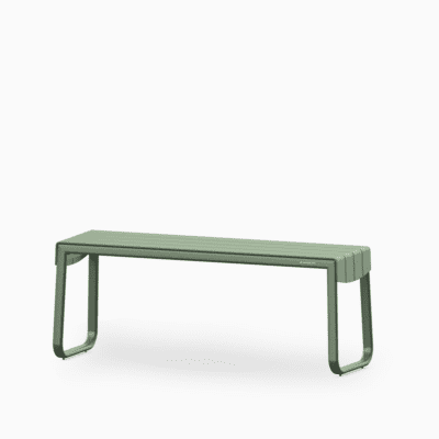Aluminium outdoor bench with slatted seat and rust‑proof frame.