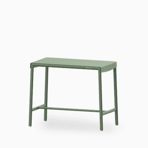 Aluminium outdoor bar table with slatted seat and rust‑proof frame.