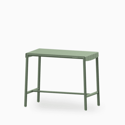 Aluminium outdoor bar table with slatted seat and rust‑proof frame.