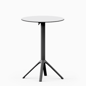 All‑aluminium bar table with compact‑laminate top and foldable slatted surface.