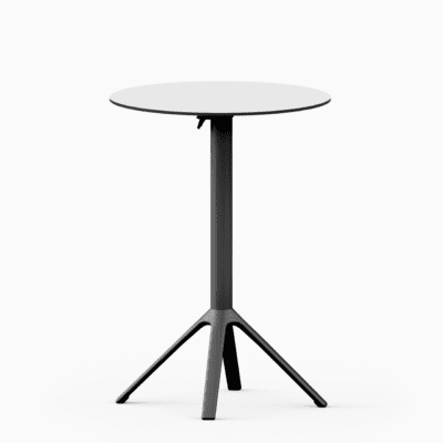 All‑aluminium bar table with compact‑laminate top and foldable slatted surface.