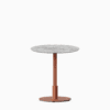 Round dining table with marble top and metal pedestal base.