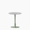 Round dining table with marble top and metal pedestal base.