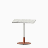 Square dining table with compact‑laminate top and metal pedestal base.