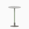 Round bar table with marble top and metal pedestal base.