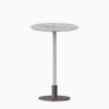 Round bar table with marble top and metal pedestal base.