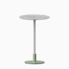 Round bar table with marble top and metal pedestal base.