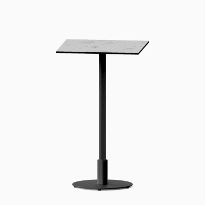 Square bar table with compact‑laminate top and metal pedestal base.