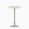 Round bar table with terrazzo top and metal pedestal base.