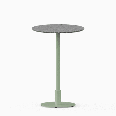 Round bar table with terrazzo top and metal pedestal base.