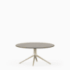 Round dining table with compact‑laminate top and aluminium base