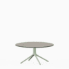 Round dining table with compact‑laminate top and aluminium base