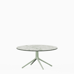 Round dining table with compact‑laminate top and aluminium base
