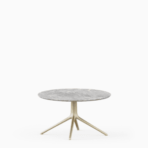 Round table with marble top and cast aluminium base.