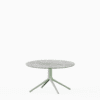 Round dining table with marble top and aluminium base.