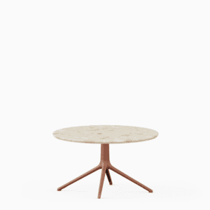 Round coffee table with terrazzo top and aluminium base.”