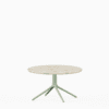 Round coffee table with terrazzo top and aluminium base.”