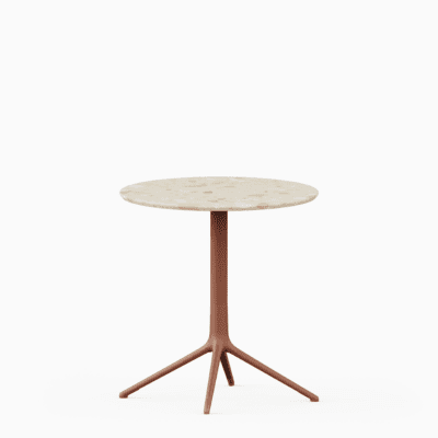 Round table with terrazzo top and cast aluminium base.