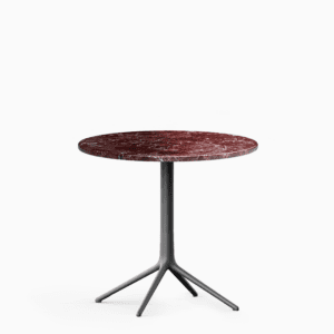 Round table with marble top and cast aluminium base.