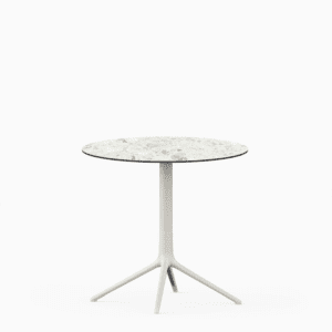 Round table with compact laminate top and cast aluminium base.