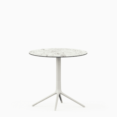 Round table with compact laminate top and cast aluminium base.