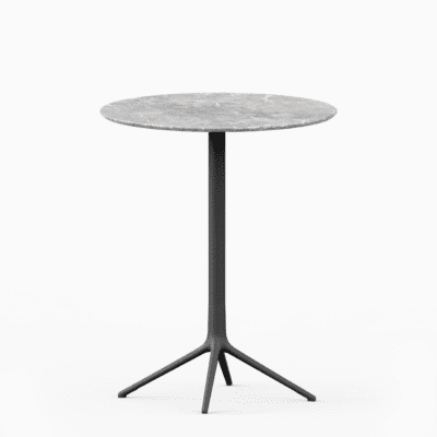 Round table with marble top and cast aluminium base.