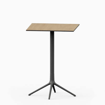 Square table with compact laminate top and cast aluminium base.