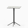 Square table with compact laminate top and cast aluminium base.