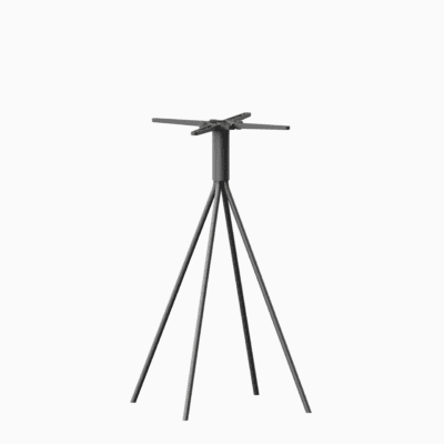 A four-legged stainless steel outdoor bar table base.