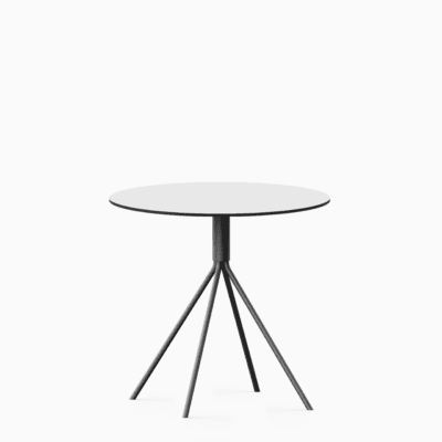 Round compact‑laminate dining table with aluminium base.