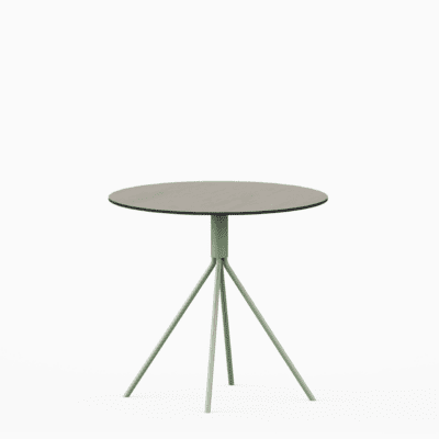 Round compact‑laminate dining table with aluminium base.