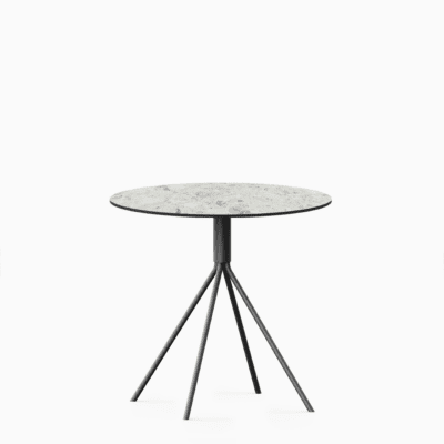 Round compact‑laminate dining table with aluminium base.