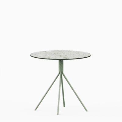 Round compact‑laminate dining table with aluminium base.