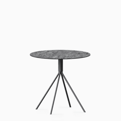 Round compact‑laminate dining table with aluminium base.