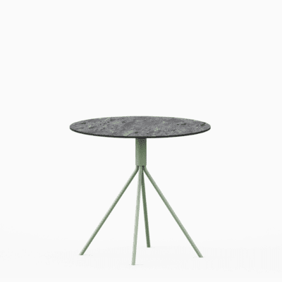 Round compact‑laminate dining table with aluminium base.