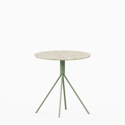 Round terrazzo table with speckled stone top and powdercoated aluminium base.