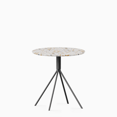 Round terrazzo table with speckled stone top and powdercoated aluminium base.