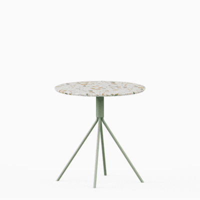 Round terrazzo table with speckled stone top and powdercoated aluminium base.