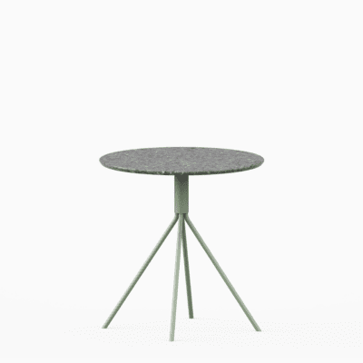 Round terrazzo table with speckled stone top and powdercoated aluminium base.