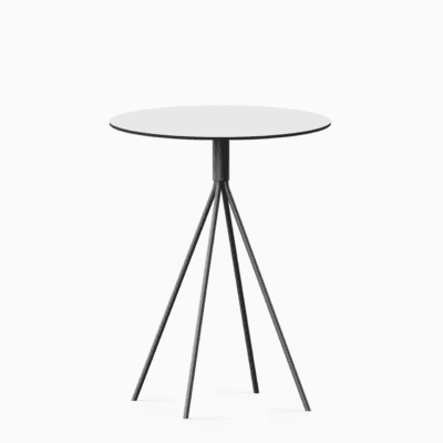 Round compact‑laminate dining table with aluminium base.