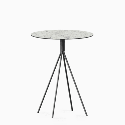 Round compact‑laminate dining table with aluminium base.