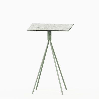 Square compact‑laminate dining table with aluminium base.